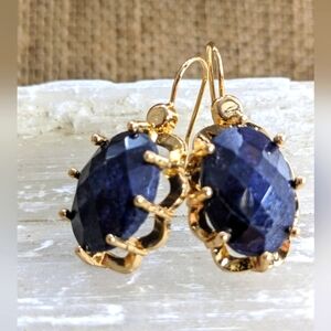 Genuine Blue Sapphire Checkered Cut in Gold Filled Earrings